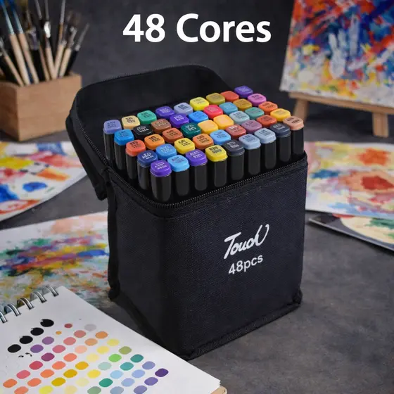 Kit Com 48 Canetinhas Coloridas Touch Ponta Dupla Marcador Vibrantes Pinturas Profissional Aquarela