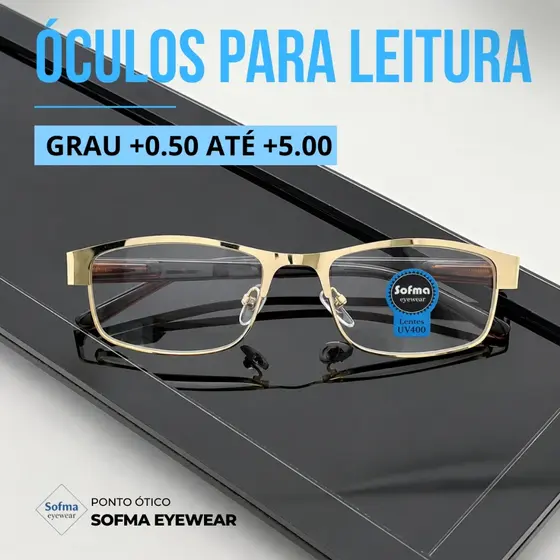 Óculos Metálico Dourado Grau +0,50 até +5,00 Hipermetropia Masculino