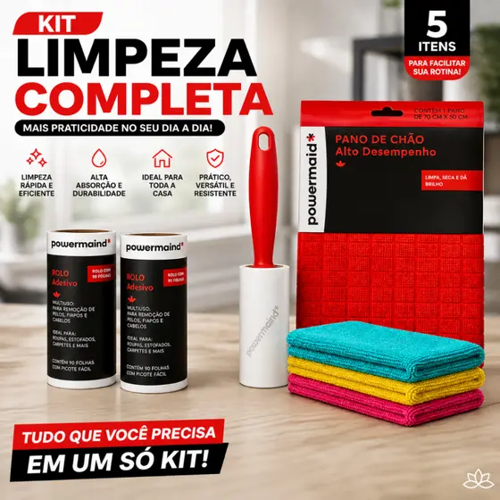 Kit Limpeza Completa Powermaid | Rolo Tira Pelos 90 Folhas + Pano Grande 50x70cm + 3 Microfibras 30x30cm