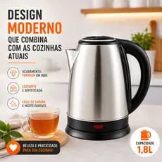 Jarra Chaleira Elétrica Inox 1,8l 220V Ferve Rápido Desligamento Automático Chás Cafés Sopas