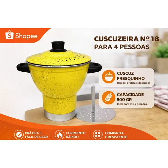Cuscuzeiro de Alumínio  Amarelo Cuscuz Nordestino nº18 Cuscuzeiro para 4 Pessoas Aluminio Amj