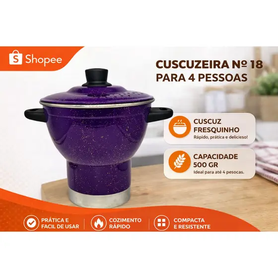Cuscuzeiro Nordestino de Alumínio Roxo nº18 cm Cuscuzeiro para 4 pessoas Alumínio AMJ