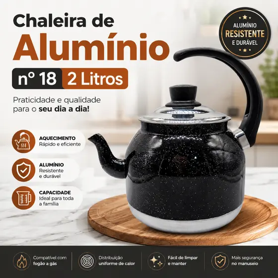 Chaleira de Alumínio Nº 18 – 2 Litros | Resistente, Prática e Fácil de Limpar