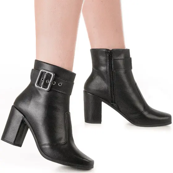 Bota Feminina Salto Alto Grosso Bico Quadrado Fivela Lateral e Zíper