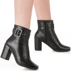 Bota Feminina Salto Alto Grosso Bico Quadrado Fivela Lateral e Zíper