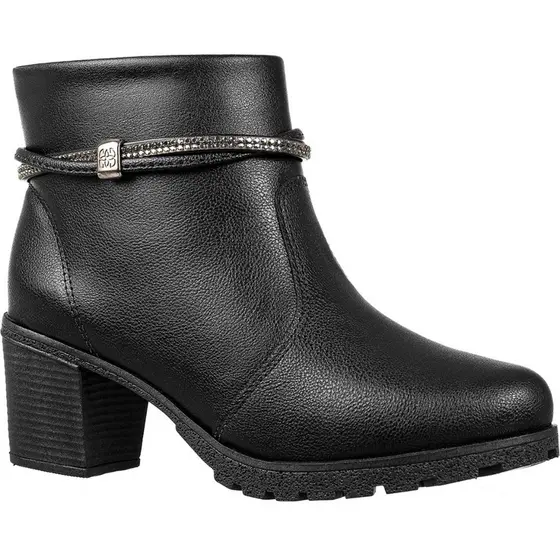 Bota Feminina GiGiL Salto Grosso Baixo Cano Curto Tiras Abauladas Strass Zíper Macio Blogueira