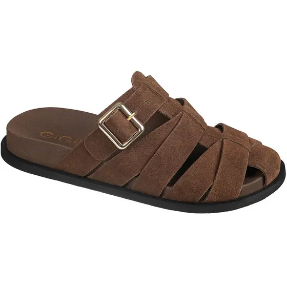 Sandália Feminina Papete Clog Tiras Camurça Fivela Lateral Casual Moderno GiGiL