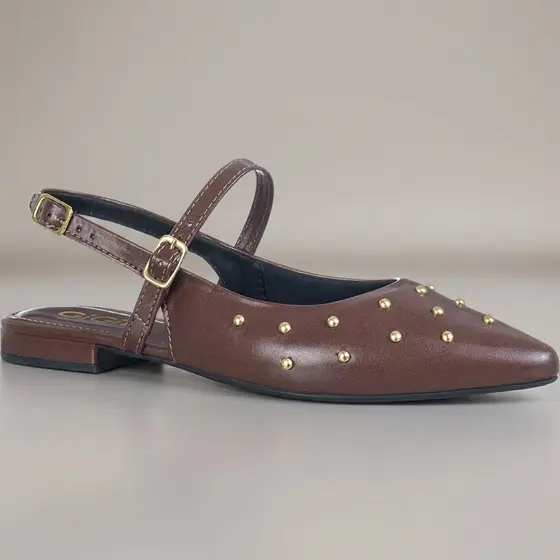 Sapatilha Feminina Slingback Bico Fino Com Tachas Douradas e Fivela Ajuste Seguro Confortável Vivi GiGiL