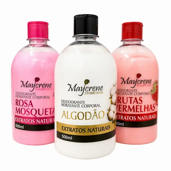 Kit 3 Hidratante Corporal 500ml Desodorante Rosa Mosqueta, Frutas e Algodão