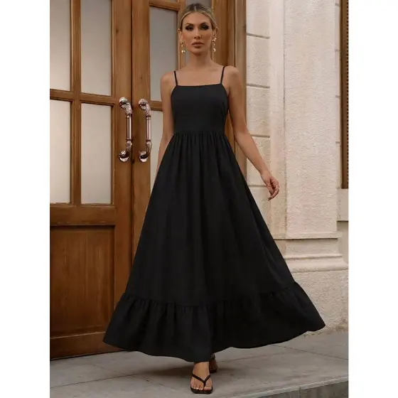 REF: 4141 Vestido feminino de verão, cor sólida, sem mangas, suspensório, costas nuas, linha A, saia longa, s