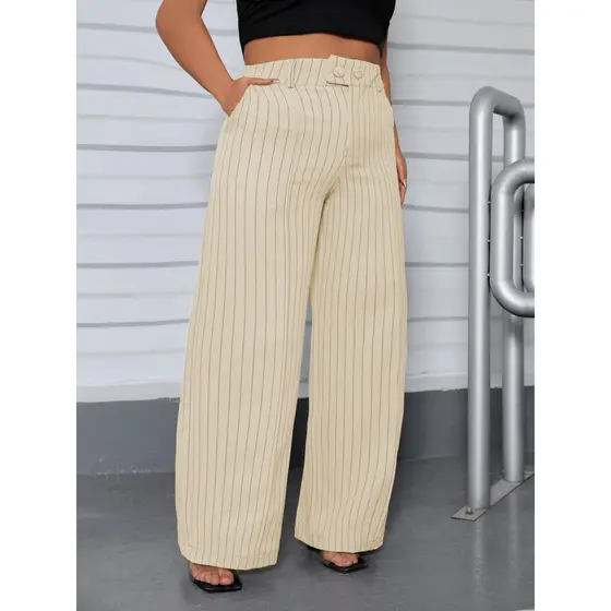 REF: H928(PLUS SIZE)Calças Femininas Listradas, Calças de Cintura Alta