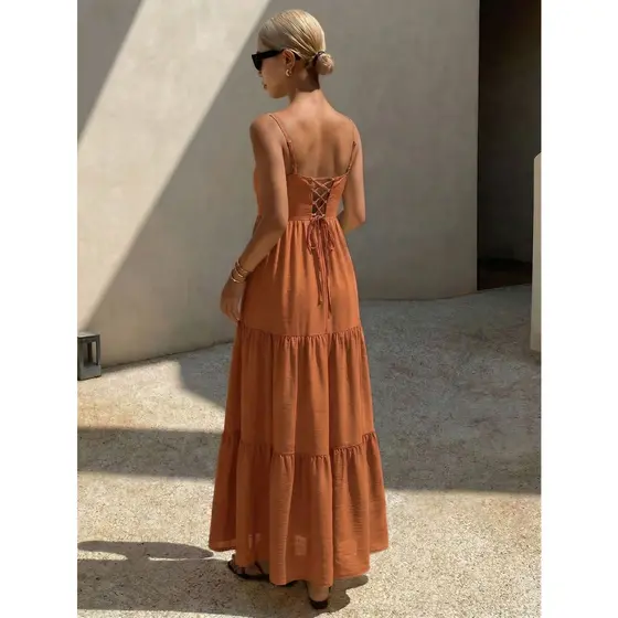 4133-M  Novo vestido de verão feminino de cor sólida, saia longa, sem costas, suspensório, saia em A