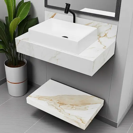 Kit Completo Bancada Cuba Sobreposta Banheiro Calacata Premium em Porcelanato