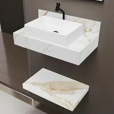Kit Completo Bancada Cuba Sobreposta Banheiro Calacata Premium em Porcelanato