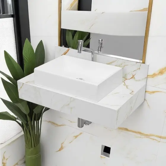 Bancada Com Cuba Sobreposta Banheiro Calacata Premium em Porcelanato 70x40x12