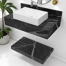 Kit Completo Bancada Cuba Sobreposta Banheiro Calacata Black em Porcelanato 62x36x11