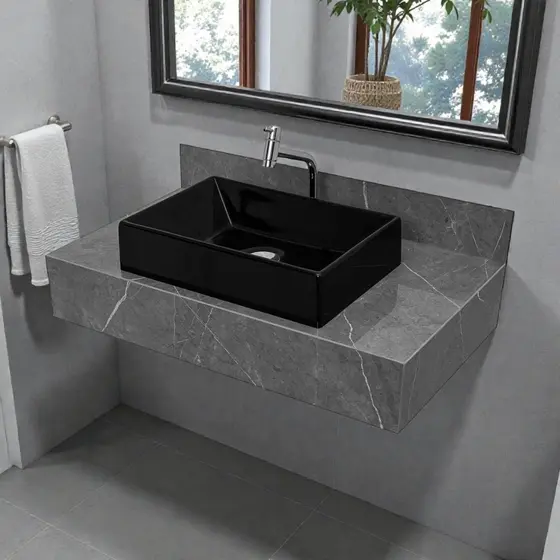 Bancada Com Cuba Preta Sobreposta Banheiro Gran Marmi Grafite Lux em Porcelanato