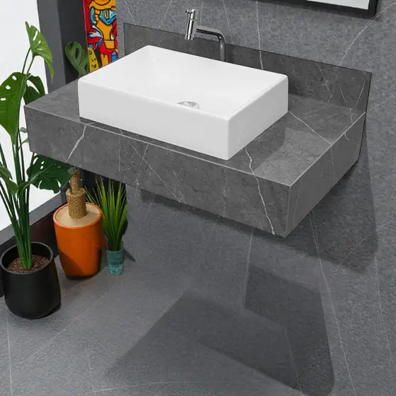 Bancada Com Cuba Branca Sobreposta E Torneira Banheiro Gran Marmi Grafite Lux em Porcelanato