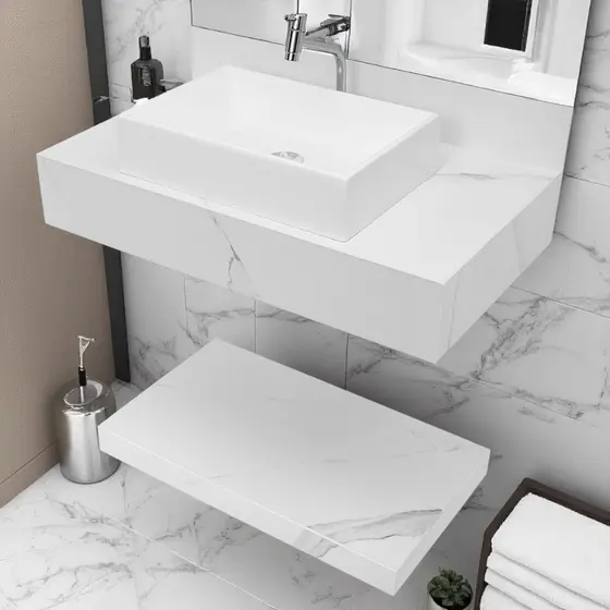Kit Completo Bancada Cuba Sobreposta Torneira Banheiro Calacata Gray em Porcelanato