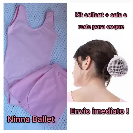 Kit Ballet Infantil Collant Regata com Saia e Rede para Coque Dança Completo