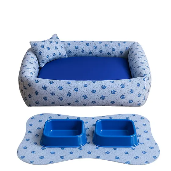 Kit Cama para cachorro e gato Pet Luxo De Fibra Tapete E Comedouro M