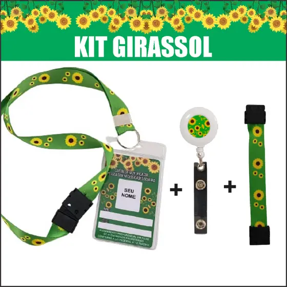 Kit Girassol Crachá + Cordão + Roller clip + Pulseira + porta crachá
