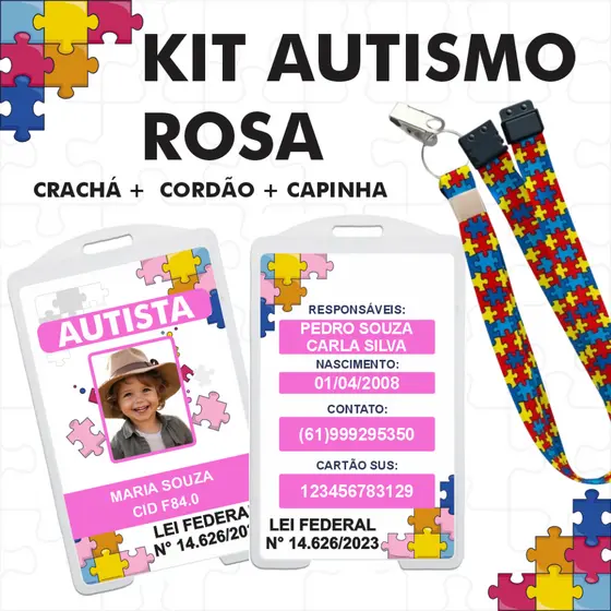 Crachá Autismo Rosa + Cordão Quebra Cabeça autista alta qualidade + capinha protetora transparente porta cracha