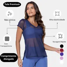 Blusa Tule Mullet Fitness Casual Abertura Lateral Academia Azul Marinho Fabricação Própria 1788