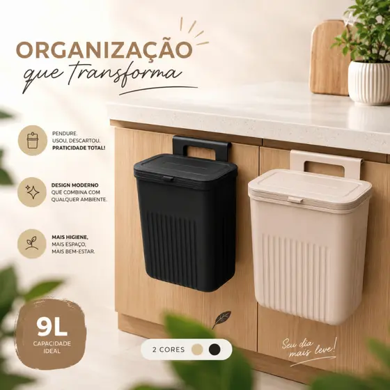 Lixeira Suspensa 9 Litros Com Tampa Para Porta De Armário Banheiro e Cozinha