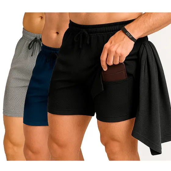 Kit 3 Shorts Para Academia Bermuda 2 em 1 Forrados Com Bolso Extra Original Treino Esporte