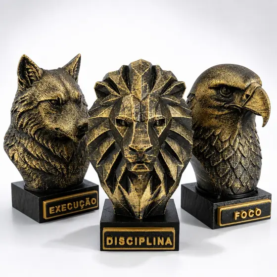 Kit Mentalidade Foco Disciplina Execução | Esculturas Leão Águia Lobo Luxo Preto Dourado Decoração Escritório