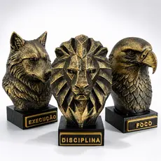 Kit Mentalidade Foco Disciplina Execução | Esculturas Leão Águia Lobo Luxo Preto Dourado Decoração Escritório