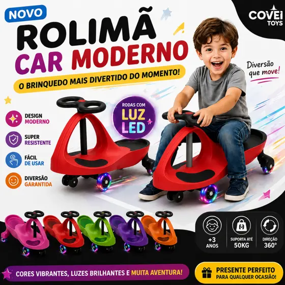 Carrinho Rolimã Até 100kg Com Volante 360° Rodas LED Triciclo Drift Infantil Menino Menina