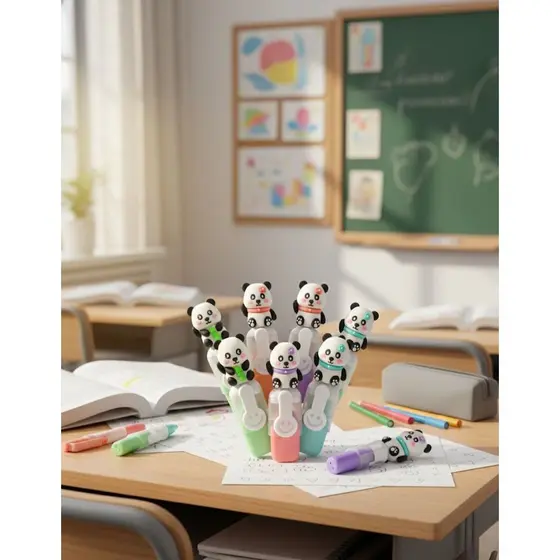 Mini Marca Texto em Formato de Panda com 6 UNIDADES Fofo Marca Texto Multiuso com Suporte de Pendurar - HE59825