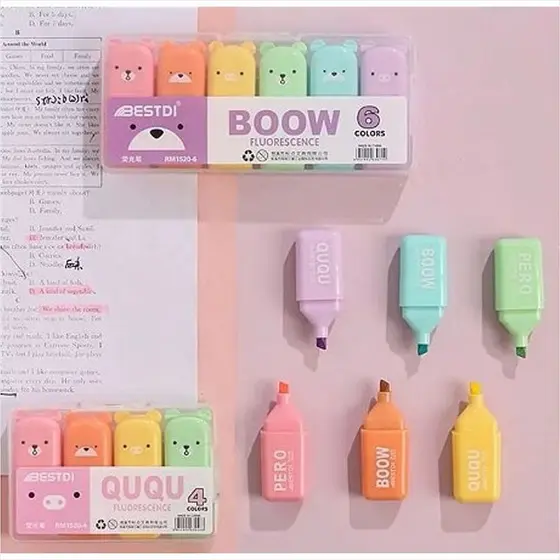 2 em 1 Estojo Porta Marca Texto + Mini Marca Texto em Formato de Urso Fofo com 6 Unidades - HE59824