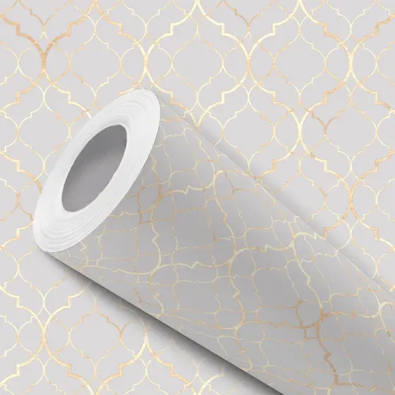 Papel de Parede Vinílico Adesivo Cinza Provençal Dourado Fácil de Aplicar