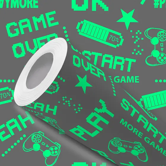 Papel de Parede Vinílico Adesivo Cinza Verde Video Game Jogo Fácil de Aplicar