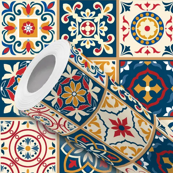 Papel de Parede Vinílico Adesivo Azulejo Português Bege Azul Fácil de Aplicar