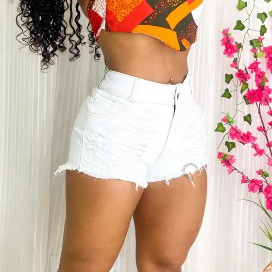 Short Bermuda Destroyed Desfiado Jeans Feminino Cintura Alta Cós Alto