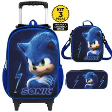 Kit Escolar Sonic Menino Infantil Masculina Bolsa Grande Juvenil Reforçada + Lancheira Térmica +Estojo