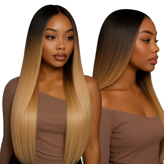 Peruca Lisa Wig sem Franja 65cm Orgânica Premium Ombre Loira
