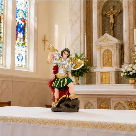 Escultura São Miguel Arcanjo 8 cm em Resina Pintado à Mão Católico - Proteção