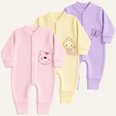 Kit 3 Macacão de Bebe Canelado com bordado Menina (P/M/G) - Baby Greg