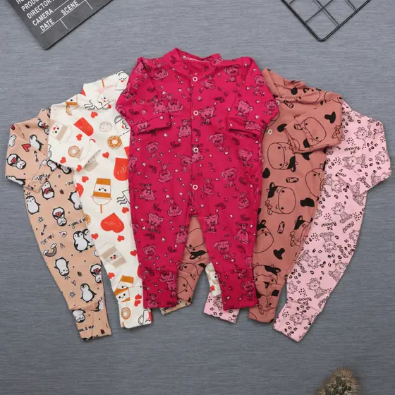Kit 5 Macacão Vira pé Estampado em Malha para Bebê 100% algodão Roupas para Bebê - (P/M/G)