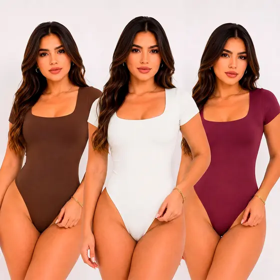 Body Feminino Decote Quadrado Manga Curta Forro Duplo Suplex Liso Verão