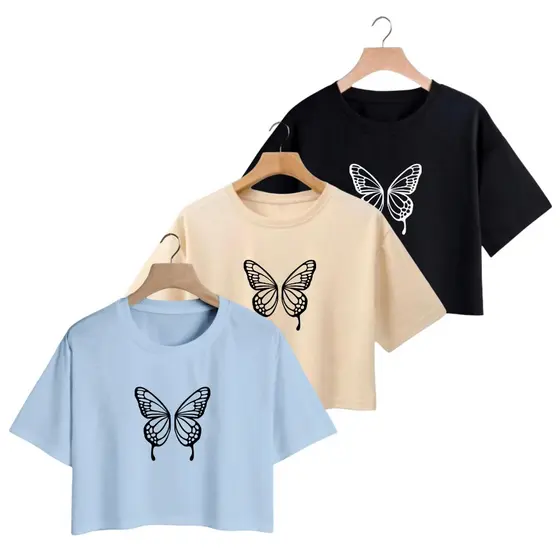 Kit 3 Cropped Feminino Blusinha em Algodão Borboleta Lindas Cores