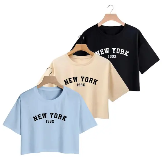 Kit 3 Cropped Feminino Blusinha em Algodão New York Tendencia Praia
