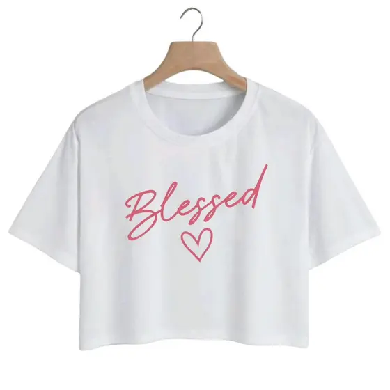 Camiseta Feminina Cropped BLESSED Básica  Malha Algodão Lançamento