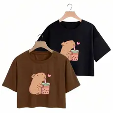 Kit 2 Cropped Camiseta Feminina Blusinha em Algodão Premium Capivara Milkshake Envio Imediato Lançamento