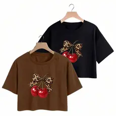Kit 2 Cropped Camiseta Feminina Blusinha em Algodão Premium Cereja Laço Onça Envio Imediato Lançamento